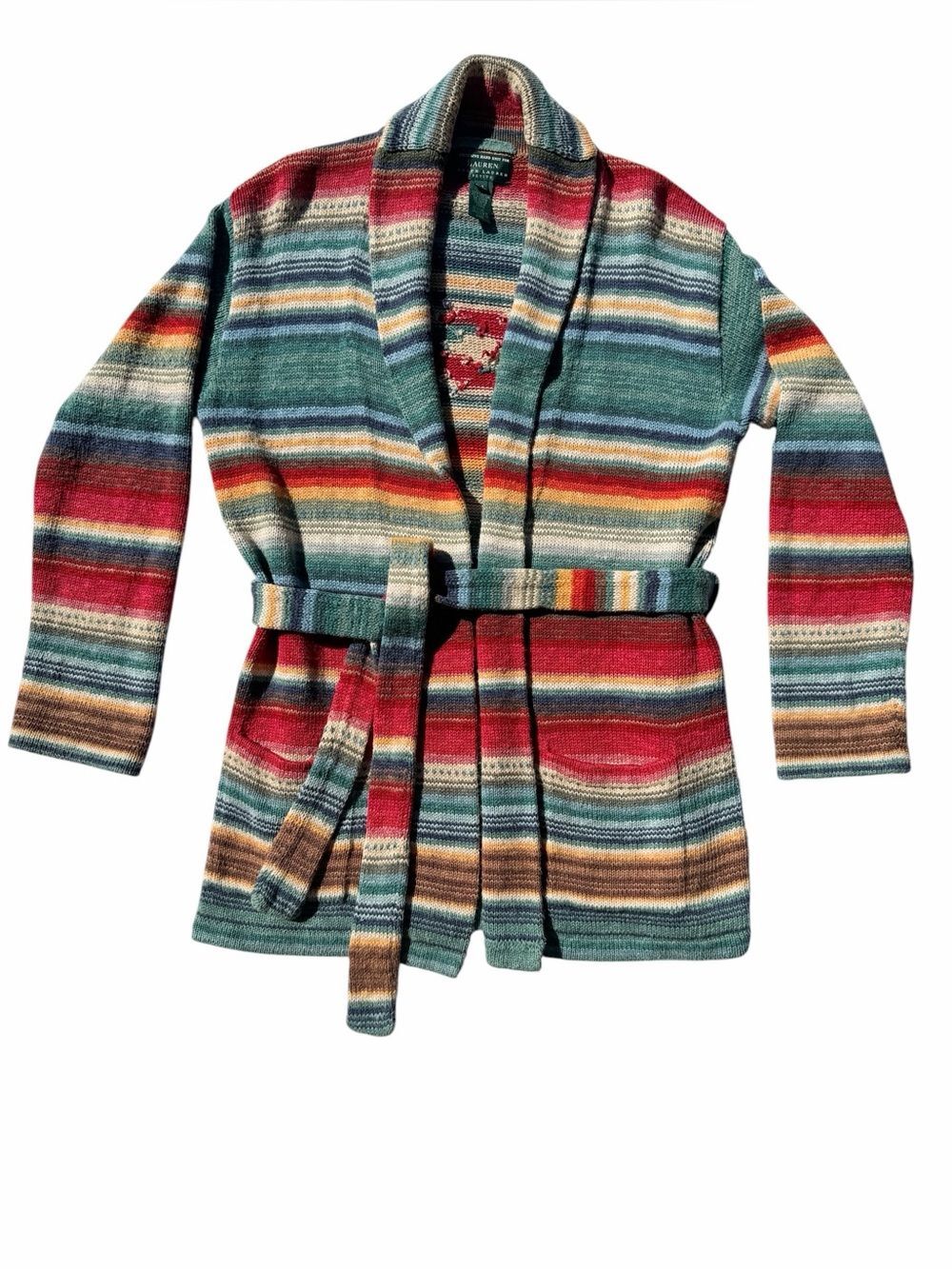 Vintage Ralph Lauren Hand Knit Linen Cotton Belted Sweater Southwestern Santa Fe - Picture 9 of 16
